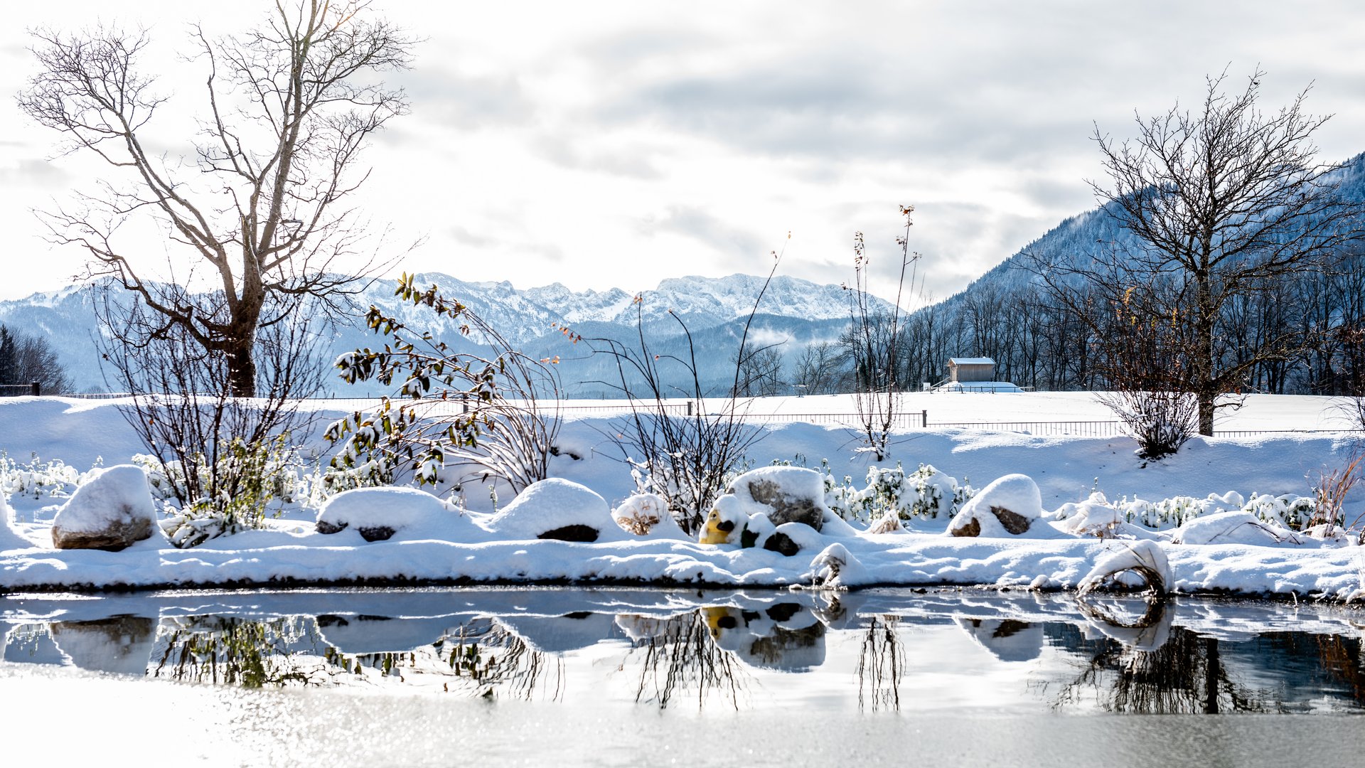 Holiday at BERGEBLICK in Bad Tölz Winter landscape with snow-covered trees and mountains, reflection in water