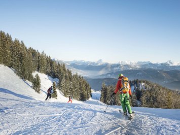 Winterurlaub in Bayern im BERGEBLICK Skifahrer fahren auf schneebedeckter Piste mit Bergen und Tannen im Hintergrund