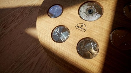 Pictures of a dream holiday in Bad Tölz Wooden tray with round glass inserts and logo in sunlight