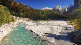 Urlaub im Aktivhotel in Bayern Klare Bergfluss mit buntem Herbstwald und schneebedeckten Bergen im Hintergrund