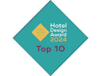HOTEL Design Award 2024 - Top 10 Hotel BERGEBLICK Hotel Design Award 2024 Top 10 badge in diamond shape