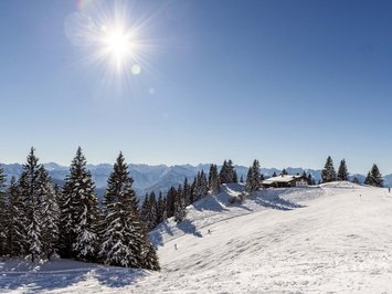 Winterurlaub in Bayern im BERGEBLICK Winterlandschaft mit schneebedeckten Bäumen, Bergen und Sonne am klaren Himmel