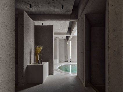 A holiday amidst nature in Germany Minimalist concrete interior with round pool and vase with decorative plants
