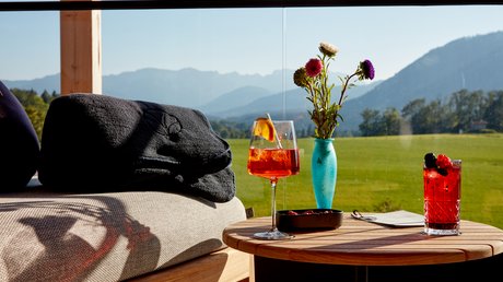Pictures of a dream holiday in Bad Tölz Drinks and flowers on table with mountain view on sunny day
