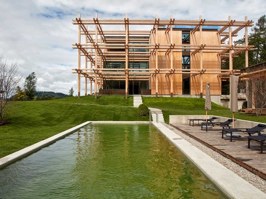 Hotel mit Pool in Bayern: BERGEBLICK Modernes Holzhaus mit Pool und Liegestühlen auf grüner Wiese